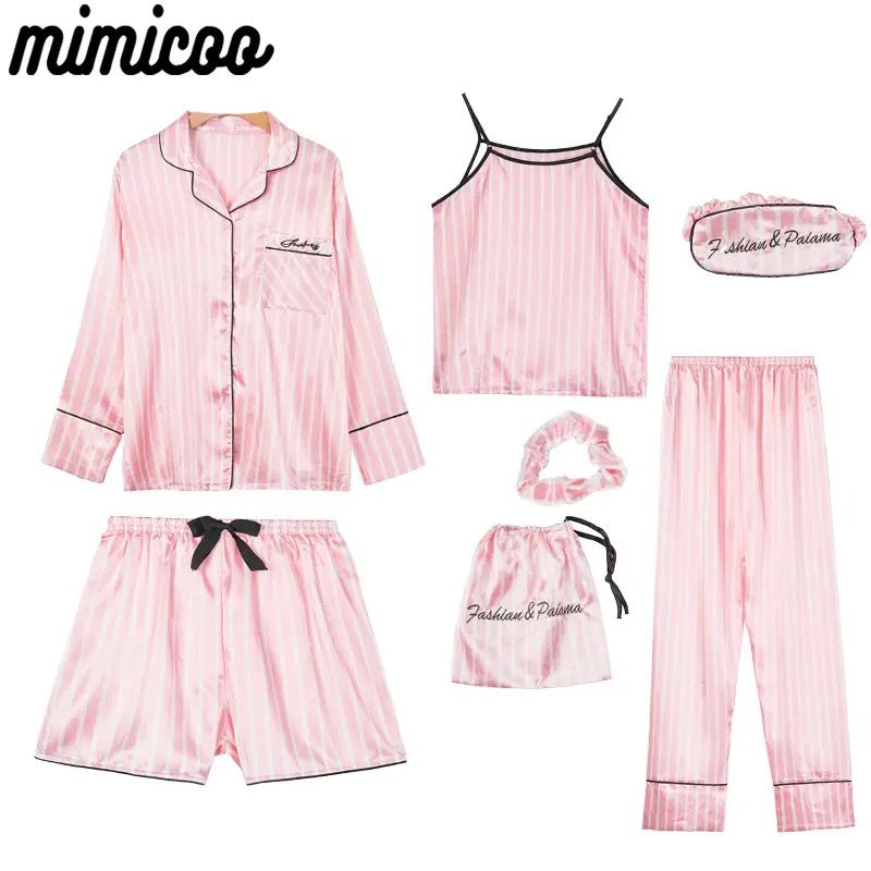 Pink Women's 7 Pieces Pajamas Sets Faux Silk Striped Pyjama Women Sleepwear Spring Summer Autumn Homewear Lounge Home Clothes S3227381 - Tuzzut.com Qatar Online Shopping