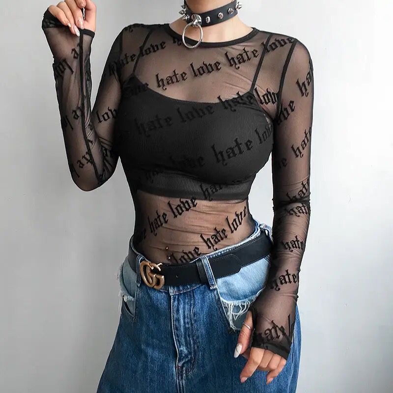 Sexy Women Mesh T-Shirts See-Through Perspective Tshirt Letter Printed O Neck Transparent Long Sleeve T Shirt Tops Women S4744670 - Tuzzut.com Qatar Online Shopping