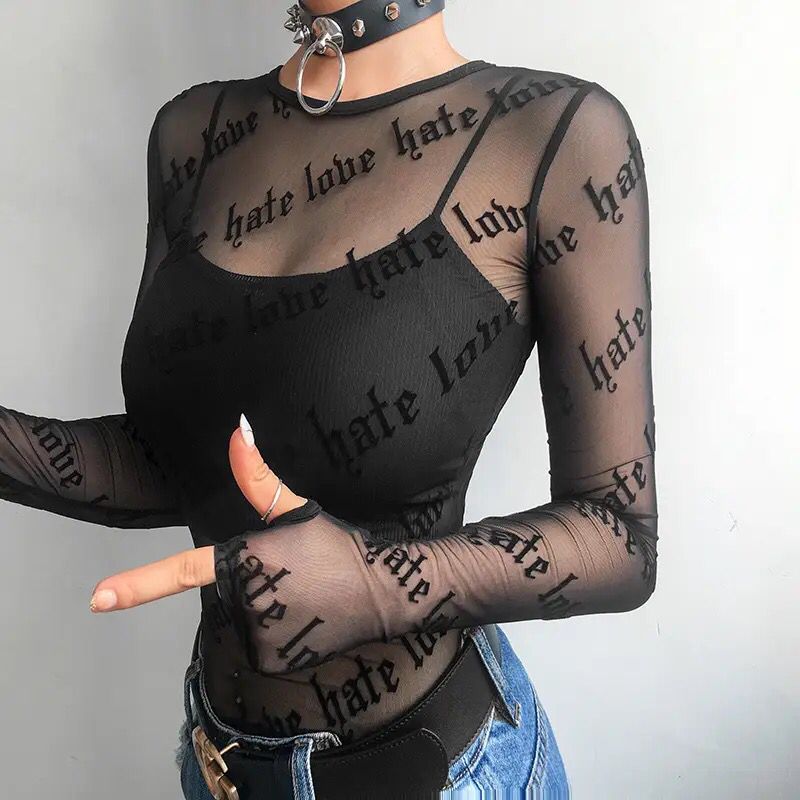 Sexy Women Mesh T-Shirts See-Through Perspective Tshirt Letter Printed O Neck Transparent Long Sleeve T Shirt Tops Women S4744670 - Tuzzut.com Qatar Online Shopping