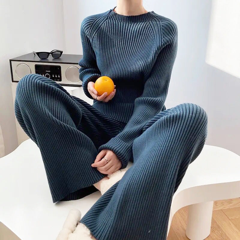 New autumn fashion split sweater set thickened knitted wide-leg pants two-piece women S4396924 - Tuzzut.com Qatar Online Shopping