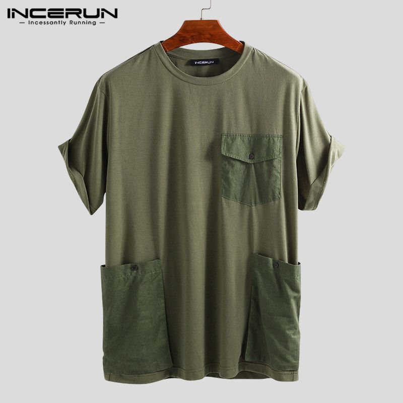 INCERUN Summer Men T Shirt Solid Casual Short Sleeve Tee Tops Pockets Streetwear Loose Couple T-shirts Men Camisetas Hombre S4096355 - Tuzzut.com Qatar Online Shopping