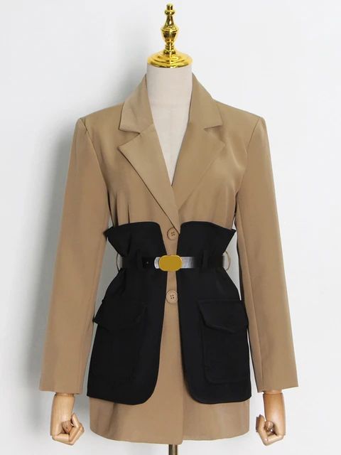 TWOTWINSTYLE Patchwork Colorblock Blazer Coats For Female Lapel Collar Long Sleeve High Waist Slimming Women's Coat 28336 - Tuzzut.com Qatar Online Shopping