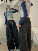 QWEEK Harajuku Vintage  Cargo Jeans Women Oversized Y2K Grunge Black Baggy Denim Pants Hip Hop Streetwear Wide Leg Trousers S4724635 - Tuzzut.com Qatar Online Shopping
