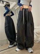 QWEEK Harajuku Vintage  Cargo Jeans Women Oversized Y2K Grunge Black Baggy Denim Pants Hip Hop Streetwear Wide Leg Trousers S4724635 - Tuzzut.com Qatar Online Shopping