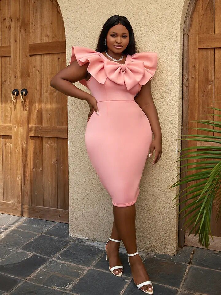 AOMEI Pink Party Dress Bodycon Ruffle with Bow Elegant Women V Neck Slim Fit Celebrate Birthday Cocktail Event Prom Sexy African S4588564 - Tuzzut.com Qatar Online Shopping
