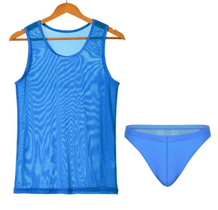 Men Mesh undershirts Sexy Transparent Sleeveless Gay Tops Gym Training See Through T-shirt+V Panty Fish Net Muscle Tee Vest X1201179 - Tuzzut.com Qatar Online Shopping