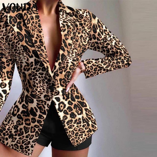Women Leopard Print Blazer VONDA Sexy Long Sleeve Lapel Neck Coats Office Formal Coats Jackets Outerwear Veste Femininas S4416521 - Tuzzut.com Qatar Online Shopping