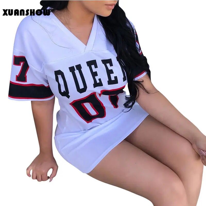 Women's leisure loose deep V-neck Long length tshirt number letter print T-Shirt S3752513 Women's leisure loose deep V-neck Long length tshirt number letter print T-Shirt S3752513
