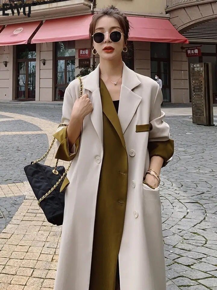 Women Trench Coat Color-block Patchwork Design Lapel Single Breasted Casual Loose Women High Quality Windbreaker Overcoat S4748063 - Tuzzut.com Qatar Online Shopping