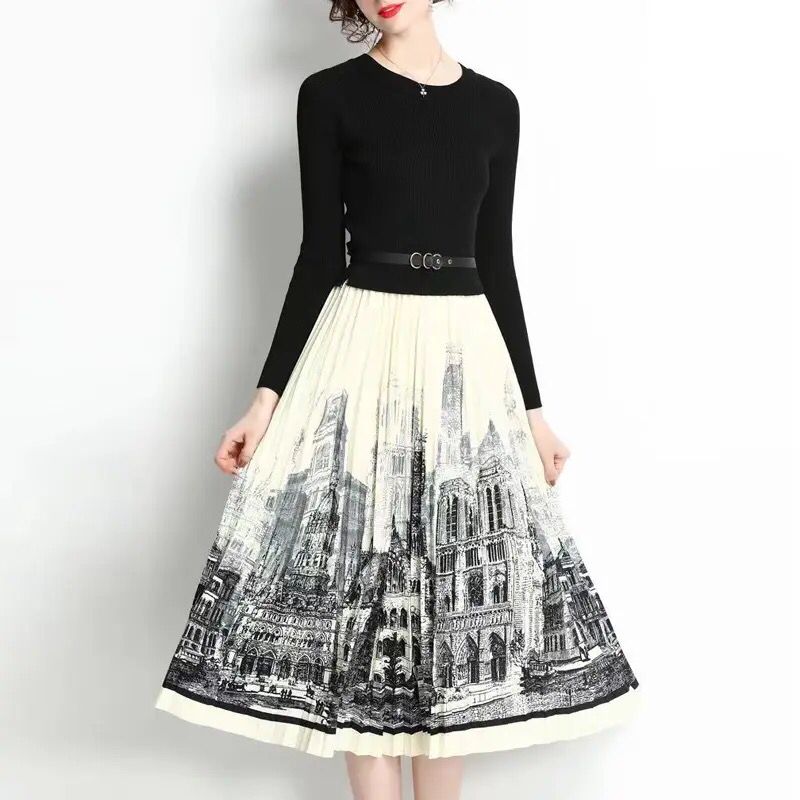 High Quality Autumn Dress Woman Clothing Elegant Knit Top Stitched Print Pleated Contrast Midi Long Vintage Party Dresses S4686309 - Tuzzut.com Qatar Online Shopping