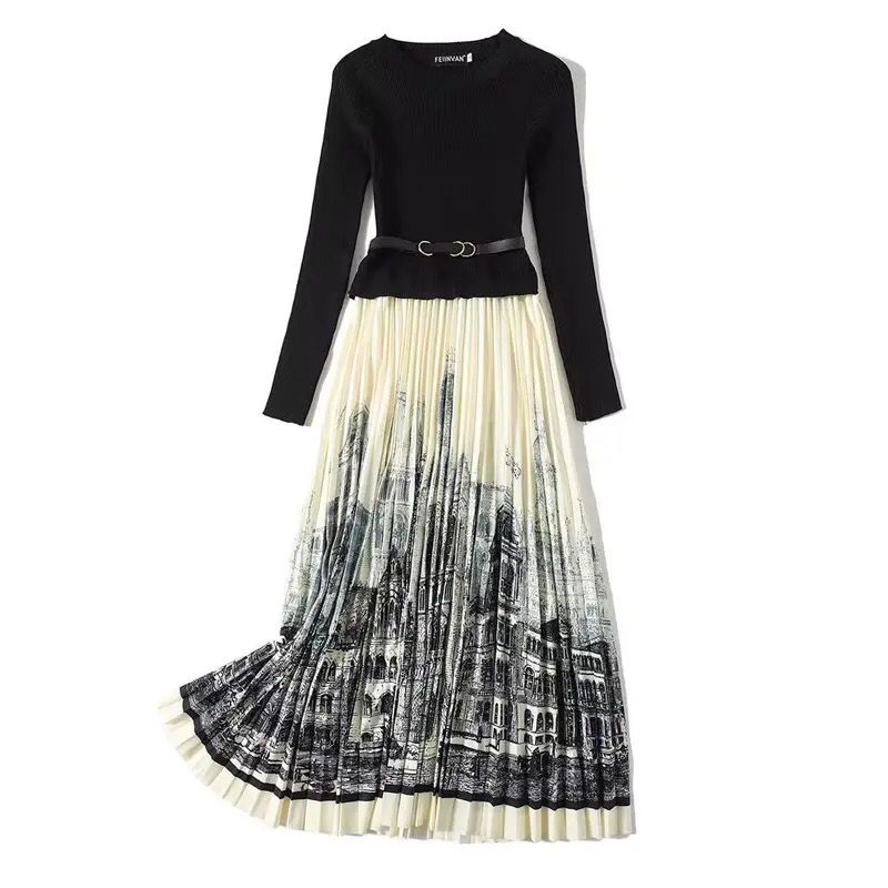 High Quality Autumn Dress Woman Clothing Elegant Knit Top Stitched Print Pleated Contrast Midi Long Vintage Party Dresses S4686309 - Tuzzut.com Qatar Online Shopping