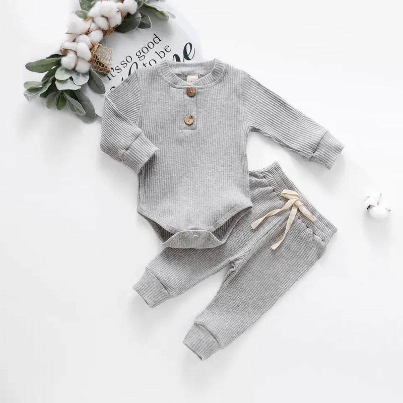 Infant Newborn Baby Girl Boy Spring Autumn Ribbed/Plaid Solid Clothes Sets Long Sleeve Bodysuits + Elastic Pants 2PCs Outfits X3921663 - Tuzzut.com Qatar Online Shopping