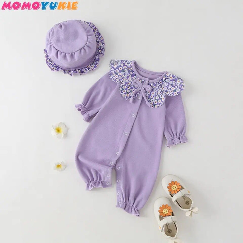 Spring Fall Baby Girl Romper Sweet Purple Daisy Doll Collar Single Breasted Long Sleeve Baby Rompers+hat Baby Clothes S4389405 - Tuzzut.com Qatar Online Shopping