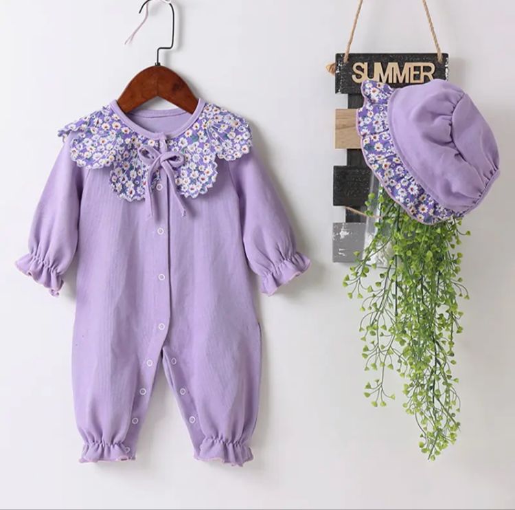 Spring Fall Baby Girl Romper Sweet Purple Daisy Doll Collar Single Breasted Long Sleeve Baby Rompers+hat Baby Clothes S4389405 - Tuzzut.com Qatar Online Shopping