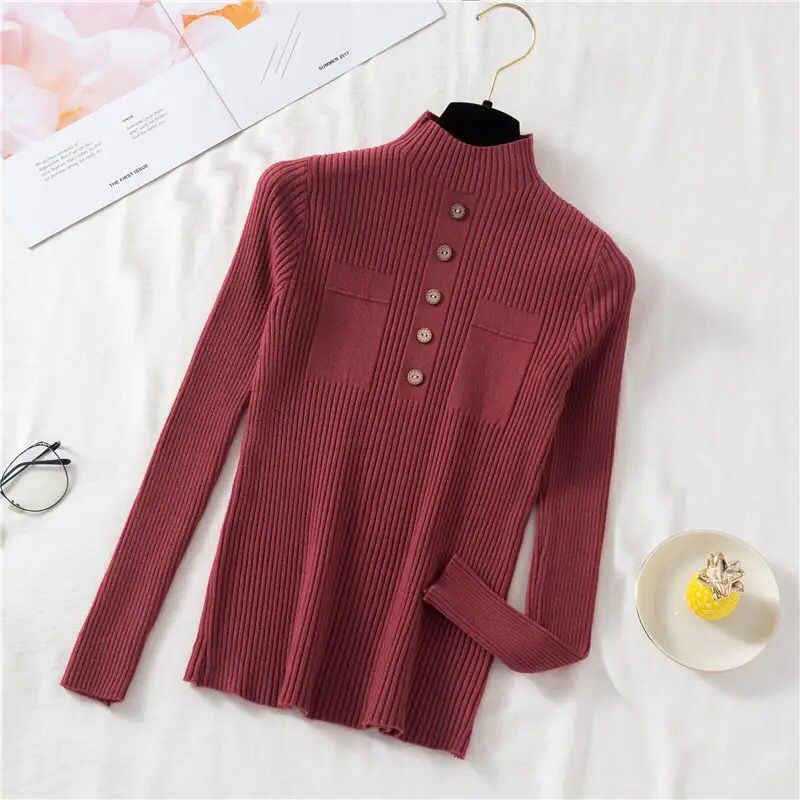Zoki Pullover Women Sweater Autumn Knitted Button Long Sleeve Half Turtleneck Female Jumper Elastic Korean Fashion Blouse Top S3668389 - Tuzzut.com Qatar Online Shopping