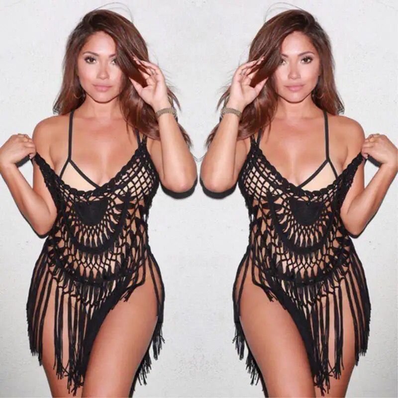 Sexy Beach Wear Women Summer See Through Black Mesh Cover Up Bathing Suit Lace Crochet Bikini Swimwear X624579 - Tuzzut.com Qatar Online Shopping