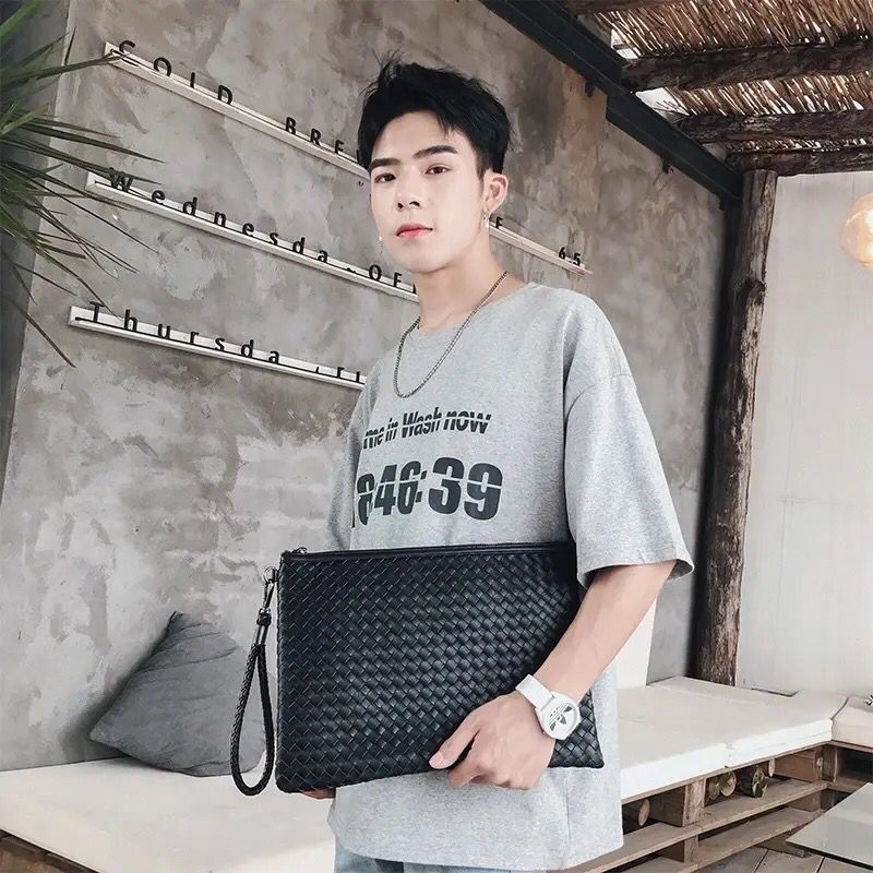 Men bag Leather Weave Knitting Clutch Bag Shoulder bag Wallet Handy Ba