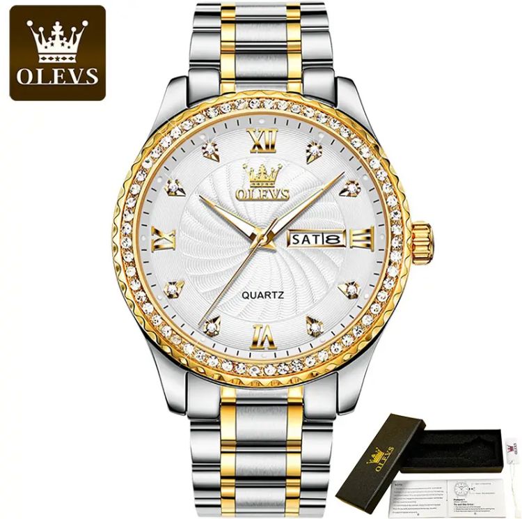 OLEVS 5565 Stainless Steel Strap Quartz Men Wristwatches Golden Diamond-encrusted Luxury Business Waterproof Watches for Men S4701149 - Tuzzut.com Qatar Online Shopping