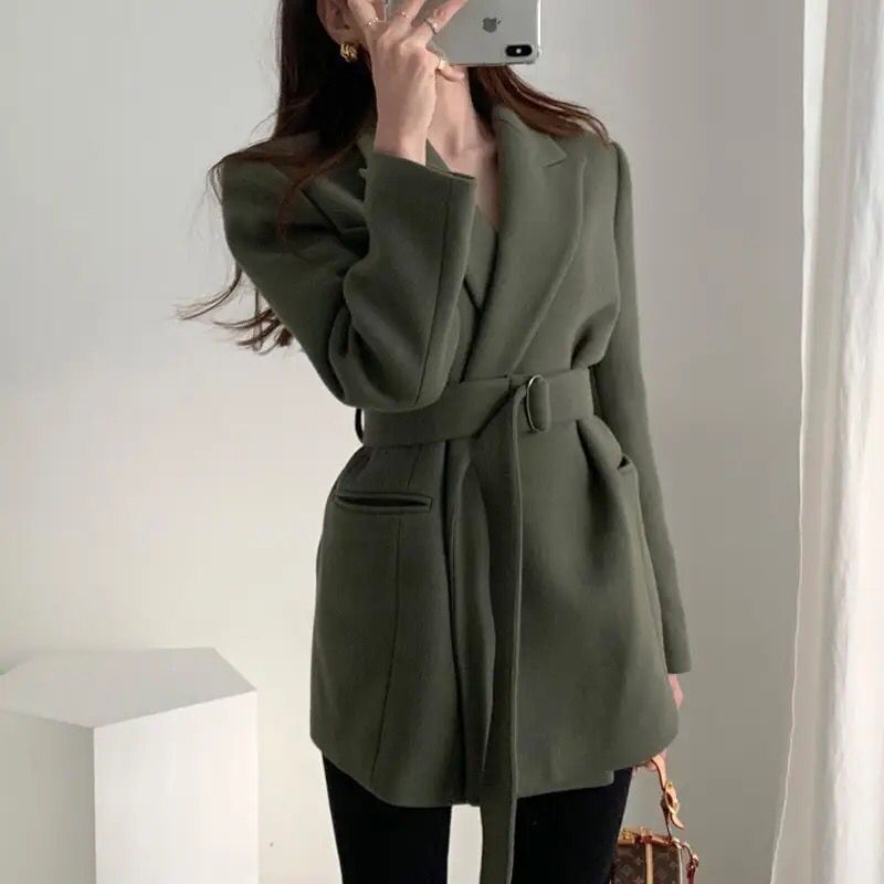 Women Blazers Woolen Coats Jacket Outerwear Thicken Warm Lace Up Office Lady Slim Lapel Overcoat Khaki Korea Style Coat S4246885 - Tuzzut.com Qatar Online Shopping