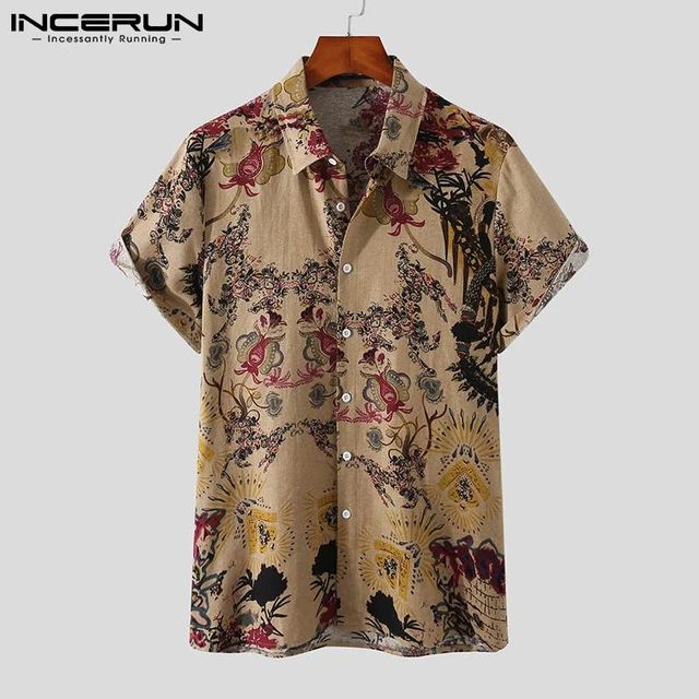 INCERUN Men Shirt Printed Lapel Short Sleeve Cotton Casual Vintage Ethnic Style Hawaiian Shirts Streetwear Camisas S3399936 - Tuzzut.com Qatar Online Shopping
