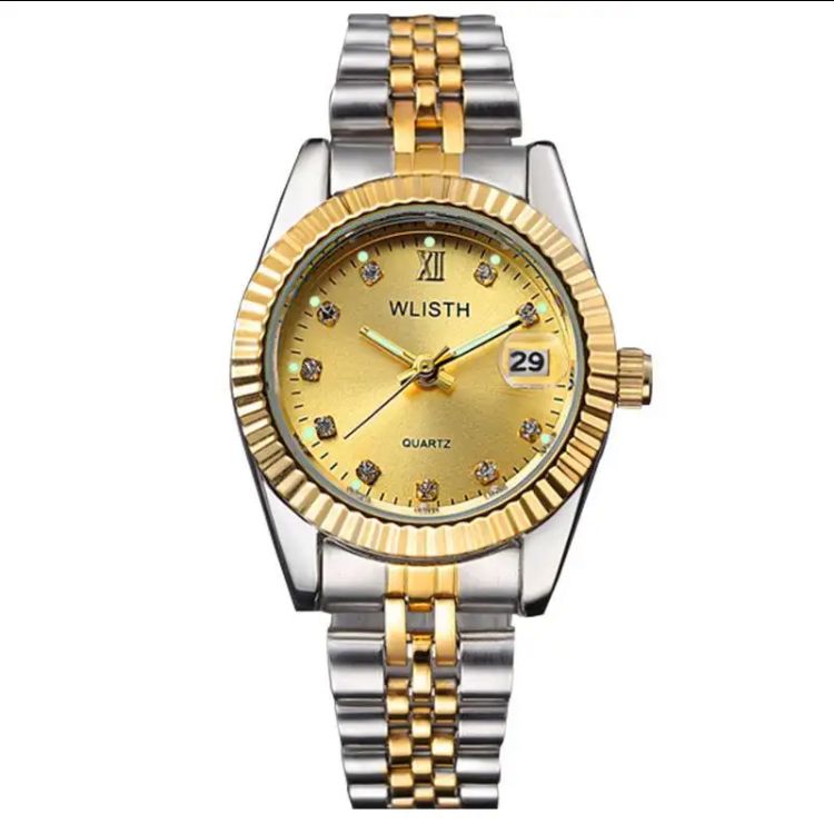 2 Pcs Gold Stainless Steel Wristwatch Calendar Date Clock WLISTH Brand Luxury For Couples S2871874 - Tuzzut.com Qatar Online Shopping