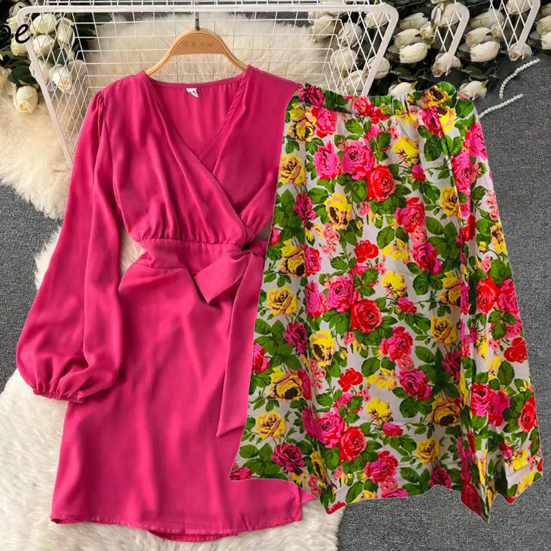 Women's Fashion Pink Top With Robe  & Flower Printed Skirt S4682658 - Tuzzut.com Qatar Online Shopping