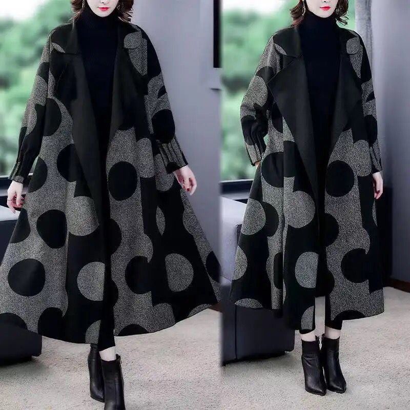 With A Belt High Quality Fashion Autumn Winter Women's Woolen Long Coats Loose Middle Aged Mother Oversized Plaid Cape Wool S4270590 - Tuzzut.com Qatar Online Shopping