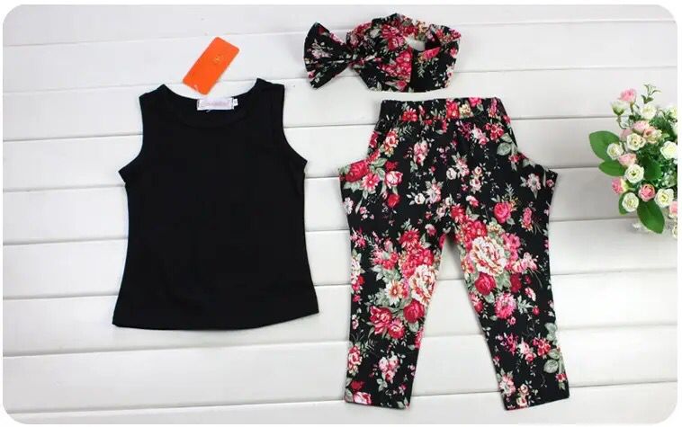 Hot Summer Kids Girls Clothes Sleeveless Vest Floral Pants Scarf Children Fashion Style 3PCS Baby Girl Clothing Sets Outfits S1358467 - Tuzzut.com Qatar Online Shopping