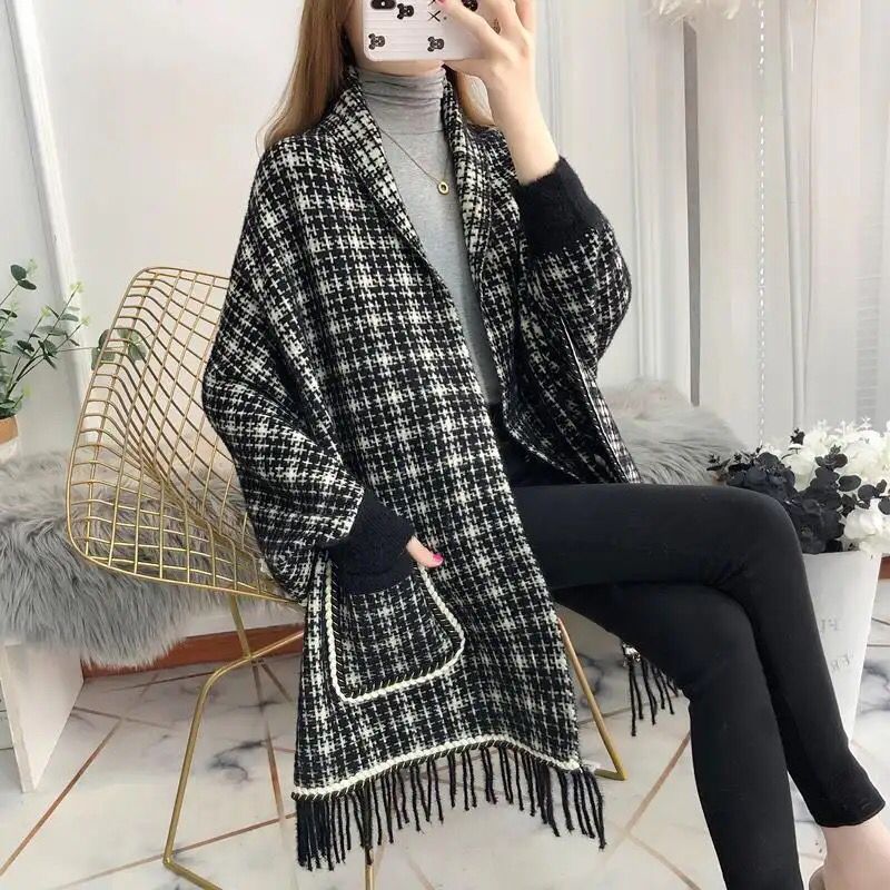 Autumn and winter new net red lazy style female shawl jacket mid-length imitation cashmere sweater pocket jacket women B-32250 - Tuzzut.com Qatar Online Shopping