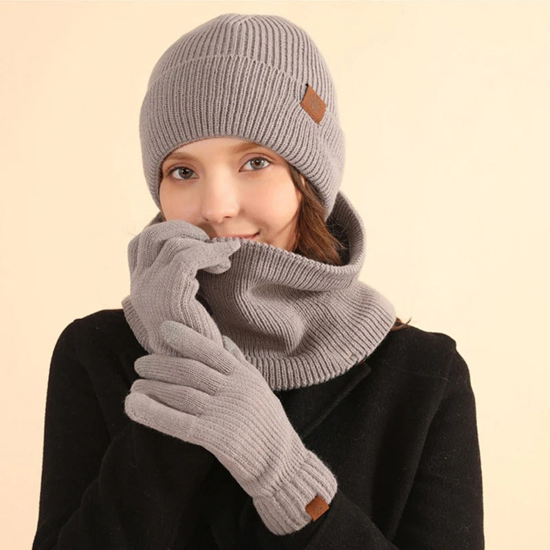 3pcs winter scarf hat glove sets for women thick warm plush lining fleece-lined beanies hat snood touch screen gloves gift S4287762 - Tuzzut.com Qatar Online Shopping