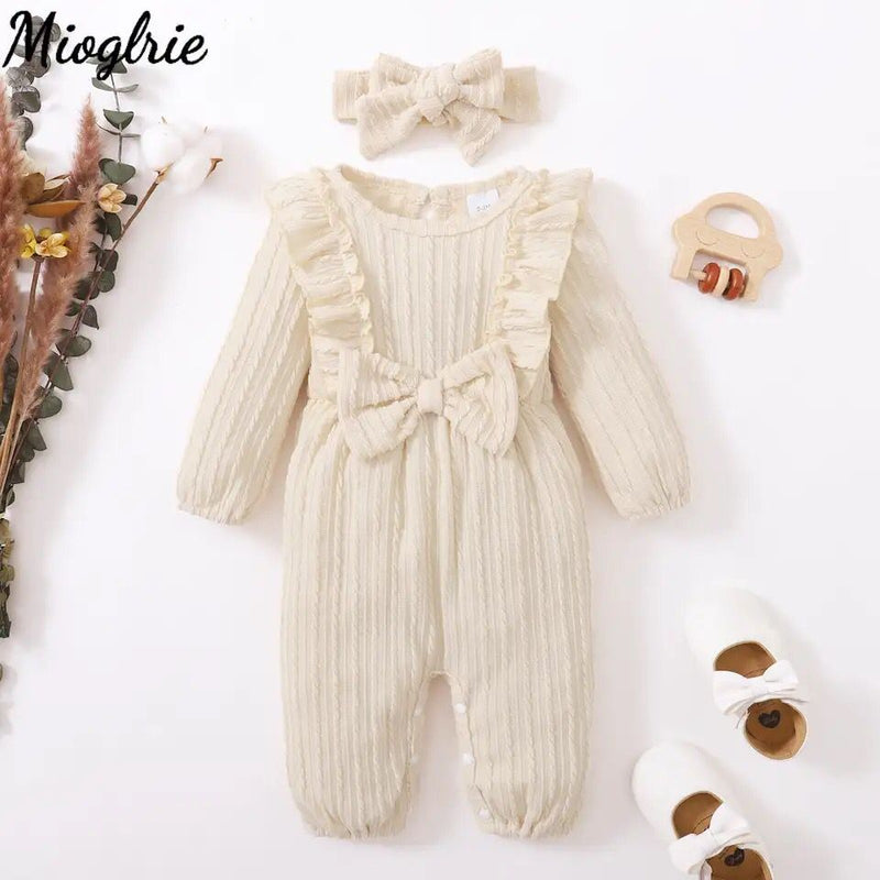 Baby Girls Winter Warm Jumpsuit Newborn Clothes Solid Ruffled Clothing with Headband Bowknot Button Infant Newborn Romper X4470988 - Tuzzut.com Qatar Online Shopping