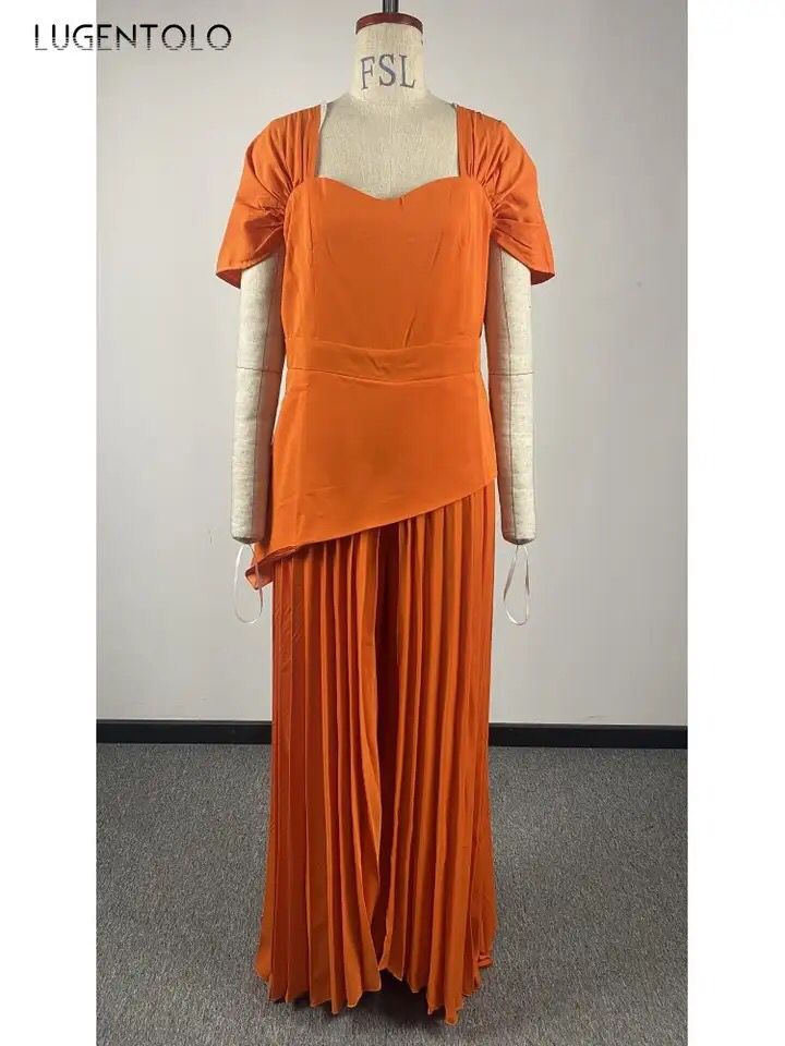 Women Eleagnt Party Jumpsuits Sexy Short Pressed Pleated Sleeves Orange Big Swing Trench Coat Fake Two-piece Long Jumpsuit S4698845 - Tuzzut.com Qatar Online Shopping