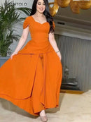 Women Eleagnt Party Jumpsuits Sexy Short Pressed Pleated Sleeves Orange Big Swing Trench Coat Fake Two-piece Long Jumpsuit S4698845 - Tuzzut.com Qatar Online Shopping