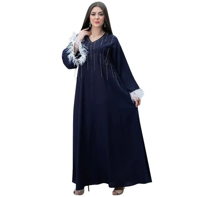 Luxury Diamonds Feather Long Sleeves Muslim Middle East Robe V Neck Loose Women Dubai Arabic Party Dress Bayan Elbise Tesettür S4704517 - Tuzzut.com Qatar Online Shopping