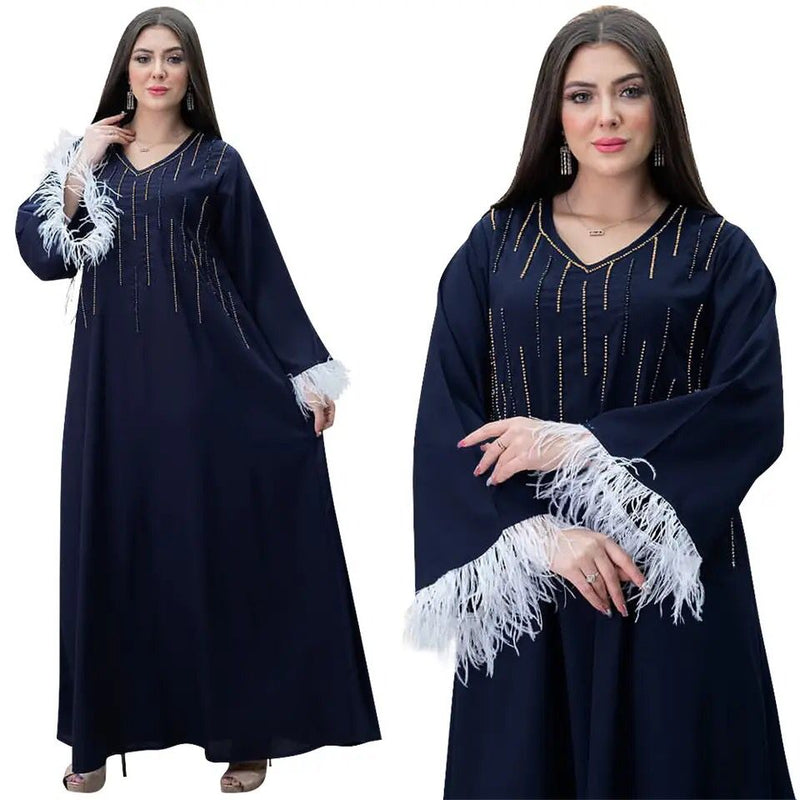 Luxury Diamonds Feather Long Sleeves Muslim Middle East Robe V Neck Loose Women Dubai Arabic Party Dress Bayan Elbise Tesettür S4704517 - Tuzzut.com Qatar Online Shopping