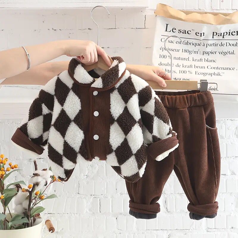 Kids Warm Plush Coats Pants for Baby Boys Girls Clothing Sets Autumn Winter Children Outdoor Clothes Thicken Warm Infant Outfits X4738019 - Tuzzut.com Qatar Online Shopping