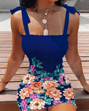 Women Elastic Waist Pleated Dress Summer Sleeveless Off The Shoulder Floral Print Bodycon Party Dress X4543085 - Tuzzut.com Qatar Online Shopping