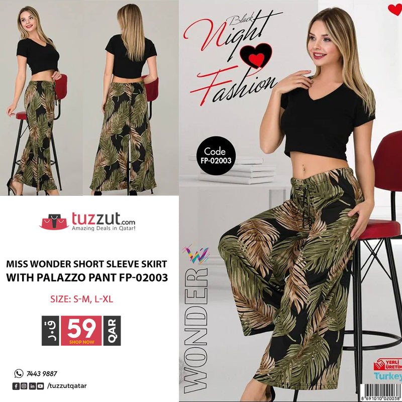 Miss Wonder Short Sleeve Skirt with Palazzo Pant FP-02003 - Tuzzut.com Qatar Online Shopping