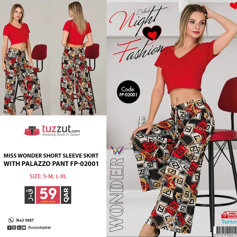 Miss Wonder Short Sleeve Skirt with Palazzo Pant FP-02001 - Tuzzut.com Qatar Online Shopping