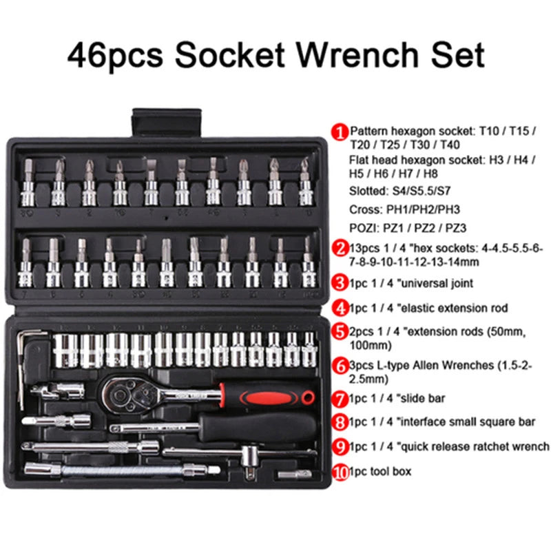 Wrench Set 46 Pcs Tool Kit For Car Tool Screwdriver And Bit Ratchet Torque Quick Wrench Spanner Wrench Socket Key Hand Tools S4635075 - Tuzzut.com Qatar Online Shopping