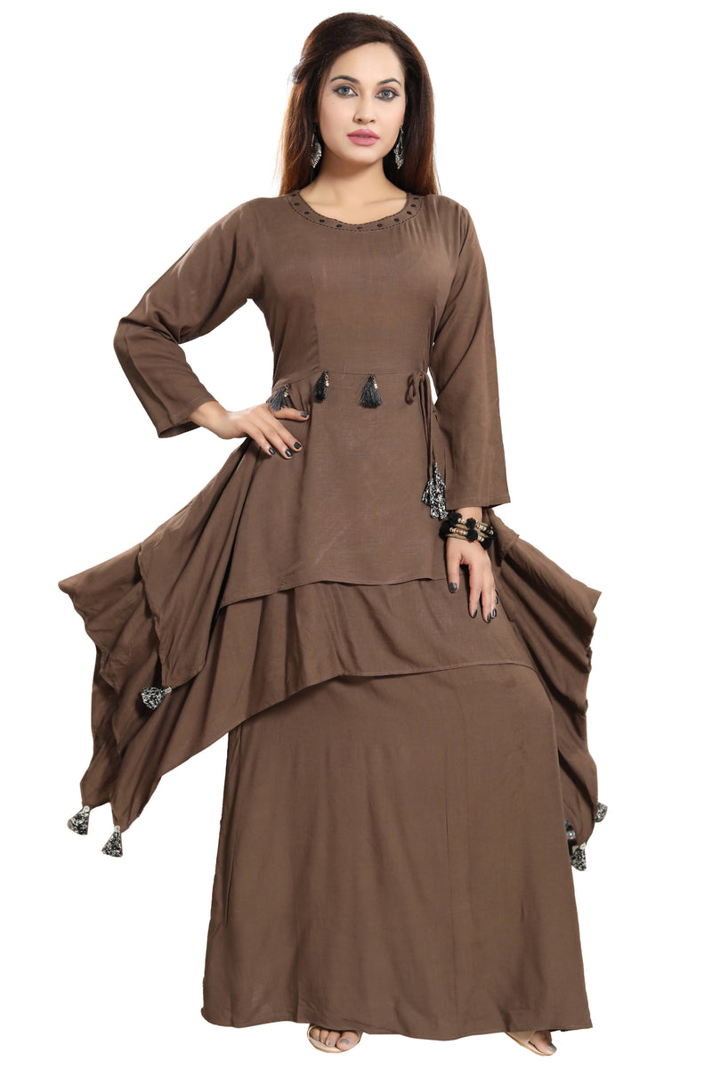 Women Brown Layered Solid Maxi Dress - Tuzzut.com Qatar Online Shopping