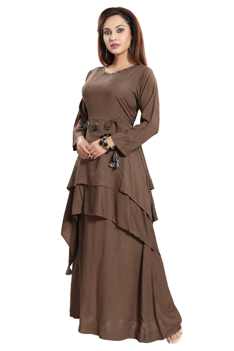 Women Brown Layered Solid Maxi Dress - Tuzzut.com Qatar Online Shopping