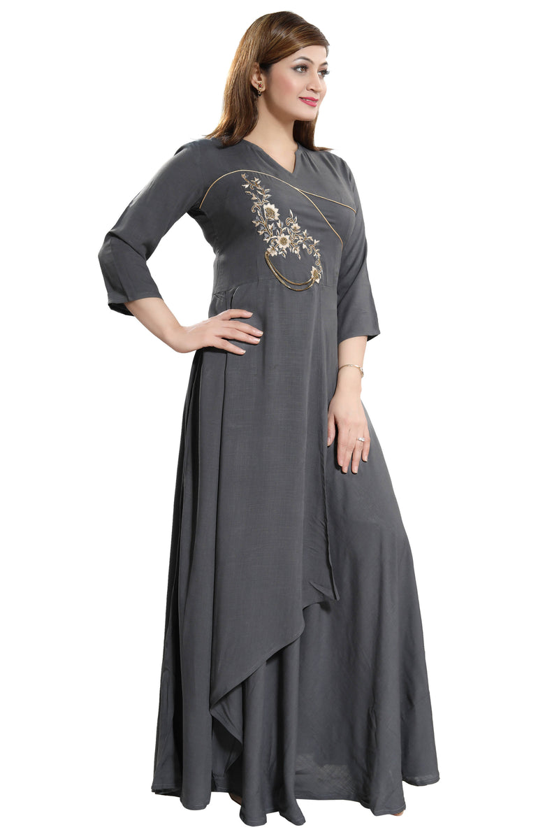 Women Grey Zardosi Maxi Dress - Tuzzut.com Qatar Online Shopping