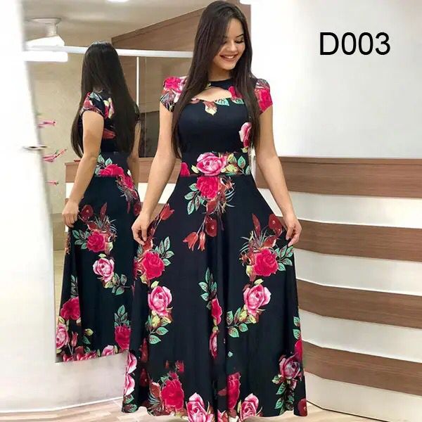 Women Short Sleeve Hollow Out O-neck Long Dress Summer Elegant Floral Printed High Waist Elastic Elegant Boho Robe Maxi Vestidos X3260144 - Tuzzut.com Qatar Online Shopping