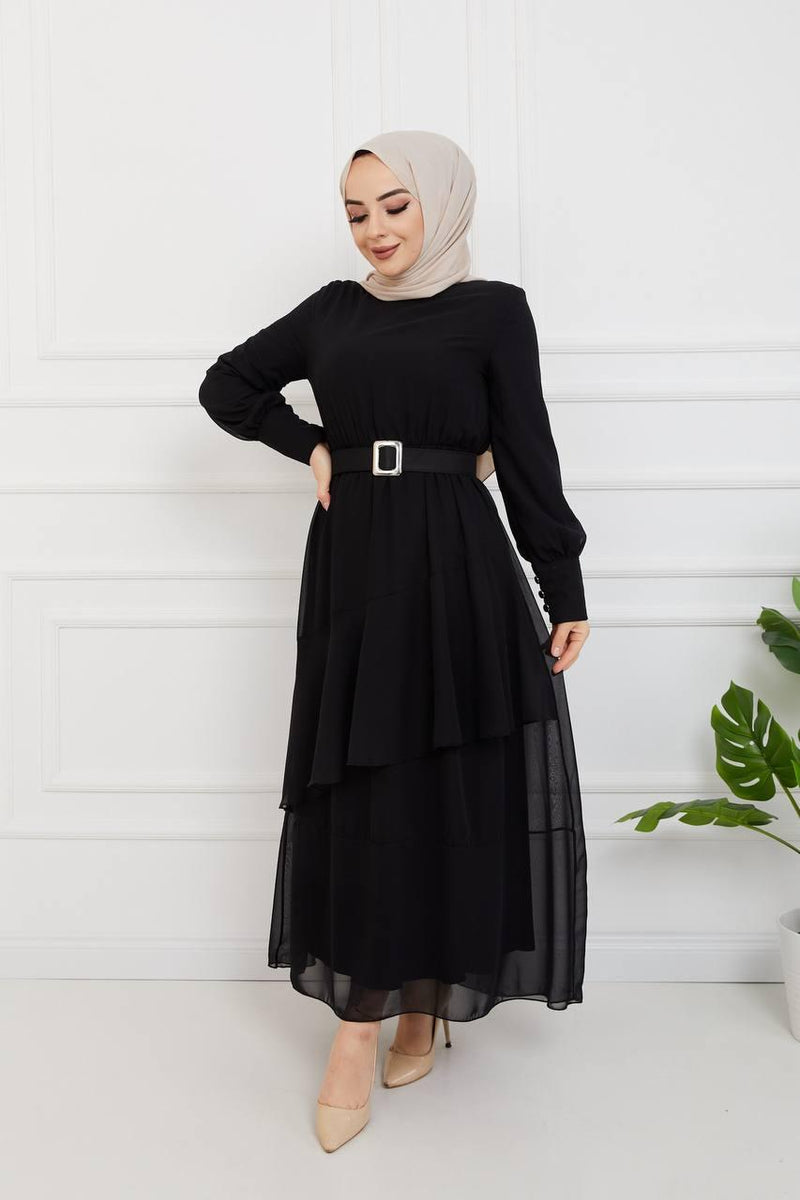 Efsun Moda Turkish Women's Chiffon Maxi Dress-178 Black - Tuzzut.com Qatar Online Shopping