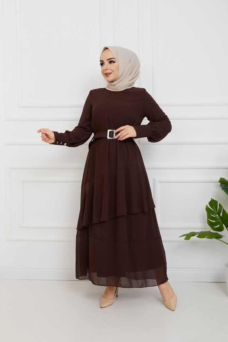 Efsun Moda Turkish Women's Chiffon Maxi Dress-178 Brown - Tuzzut.com Qatar Online Shopping