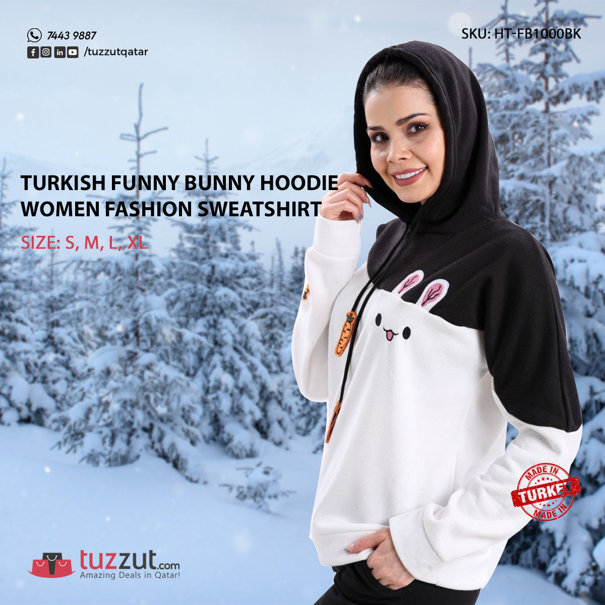 Turkish Funny Bunny Hoodie Women Fashion Sweatshirt - Black Turkish Funny Bunny Hoodie Women Fashion Sweatshirt - Black
