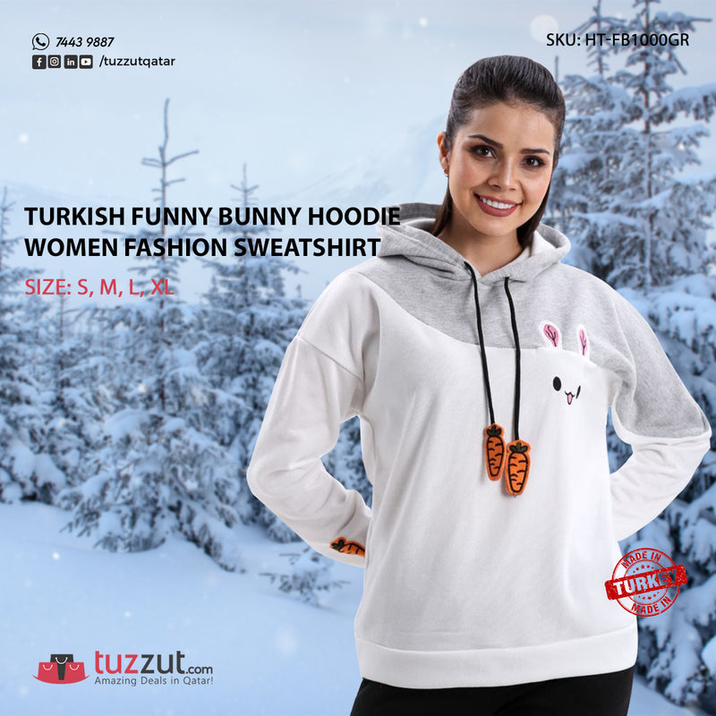 Turkish Funny Bunny Hoodie Women Fashion Sweatshirt - Grey - TUZZUT Qatar Online Store