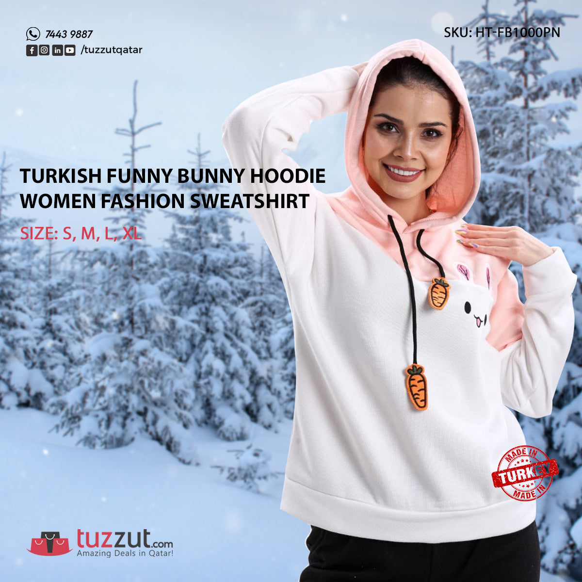 Turkish Funny Bunny Hoodie Women Fashion Sweatshirt - Pink Turkish Funny Bunny Hoodie Women Fashion Sweatshirt - Pink
