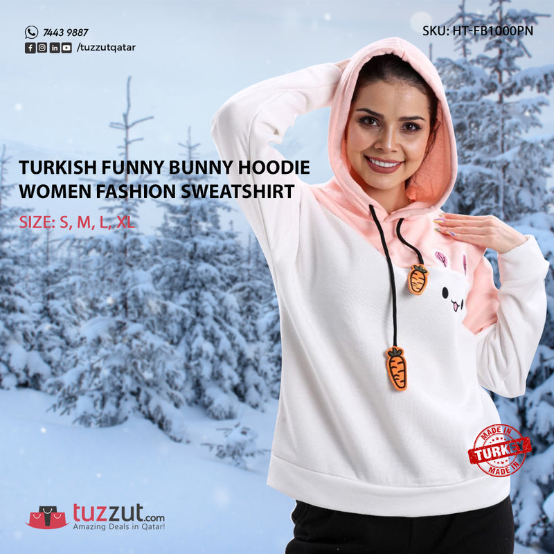 Turkish Funny Bunny Hoodie Women Fashion Sweatshirt - Pink - Tuzzut.com Qatar Online Shopping